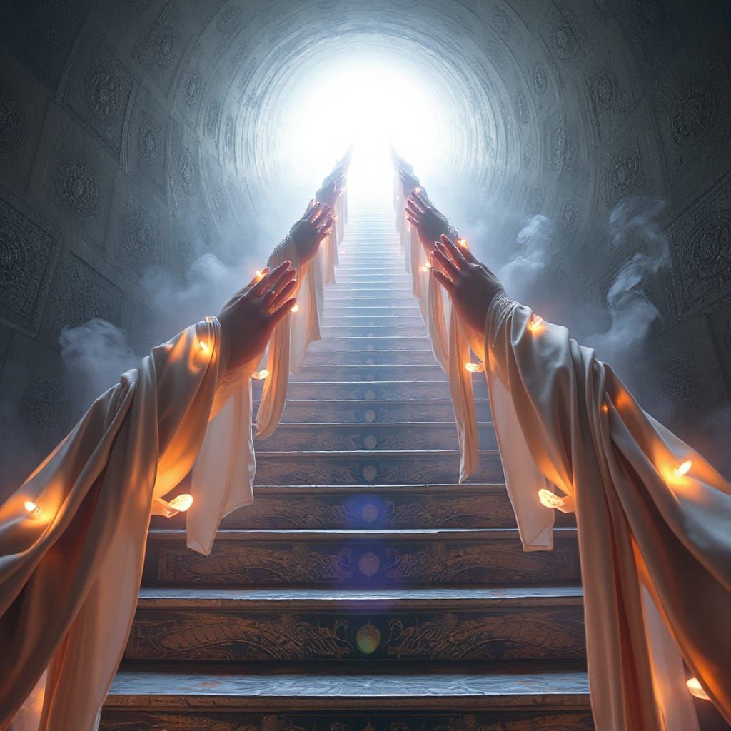 Ethereal Hands Intertwining Infinite Staircases