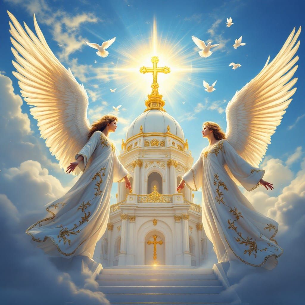 Angels Guarding Temple Dome in Dramatic Light