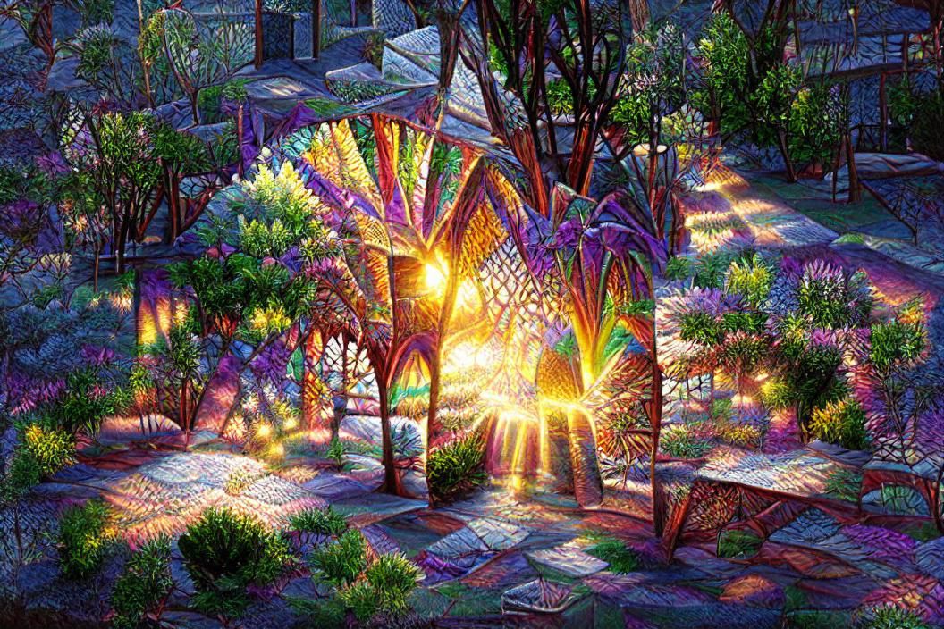 Colorful Stained Glass Forest at Twilight