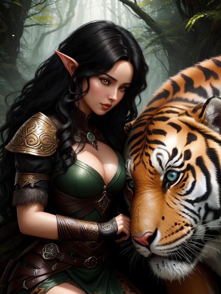 Wood-Elf and Tiger: Hyperrealistic Concept Art