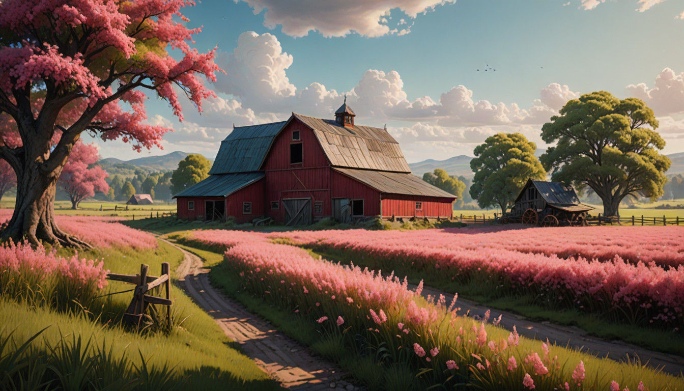 Whimsical Countryside Barn Scene in Impressionist Oil Style