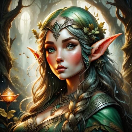 Ethereal Plus-Sized Elf Portrait in Alcohol-Ink Style