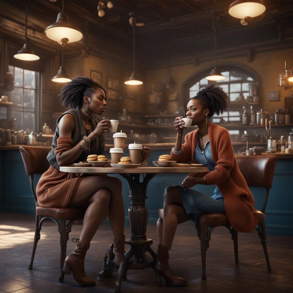 Two Women Enjoying Coffee: Matte Painting Style