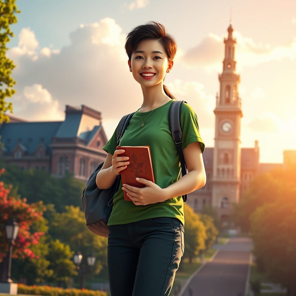 Young Asian Student in Lush Campus Setting, Inspired by Fant...