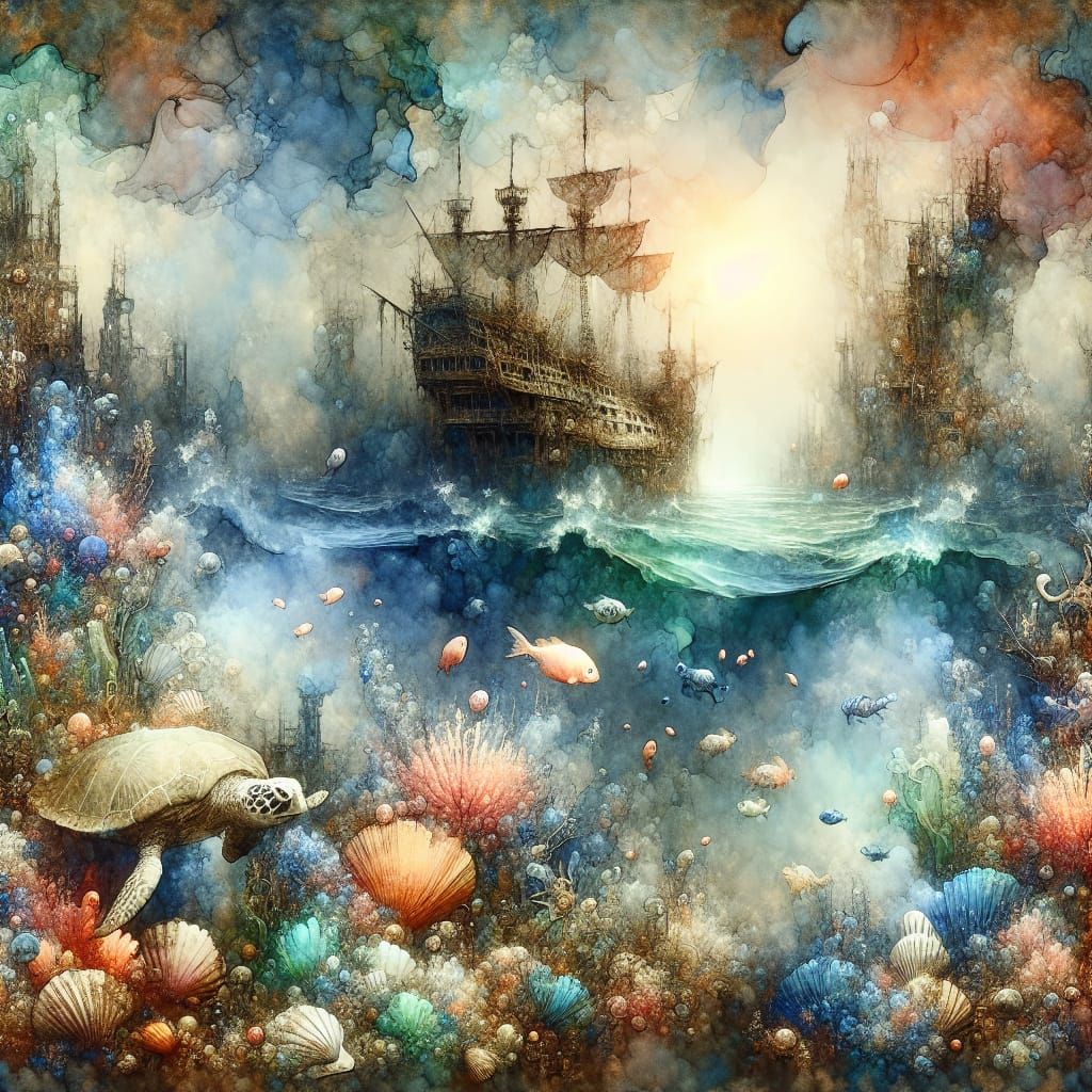 Epic Fantasy Underwater Scene in Oil-Ink Style