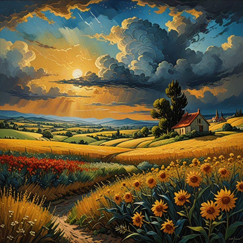Dreamlike Summer Landscape with Vibrant Flower