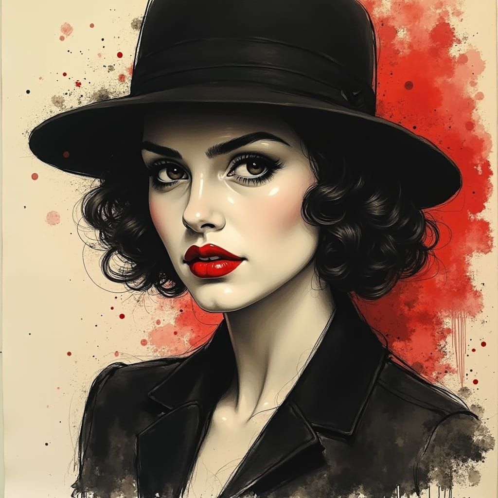 beautiful french flatter girl, dark hair, red lips, 1920s st...