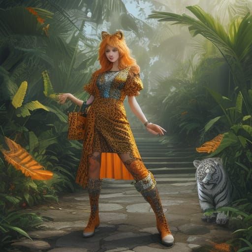 Woman in White Tiger Dress with Jungle Background