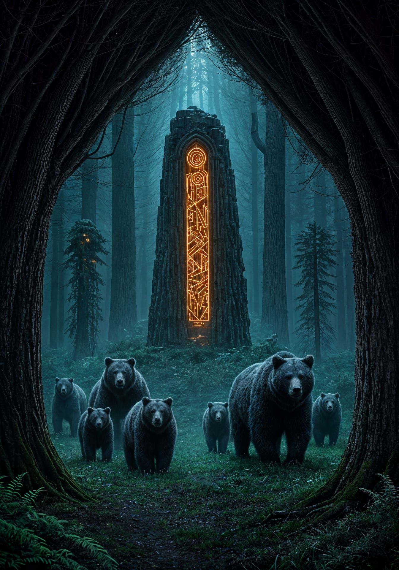 Lynchian Existential Horror Scene: Bears in a Haunting, Dark...