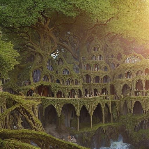 Enchanted Elven Library within a Ancient Tree Trunk