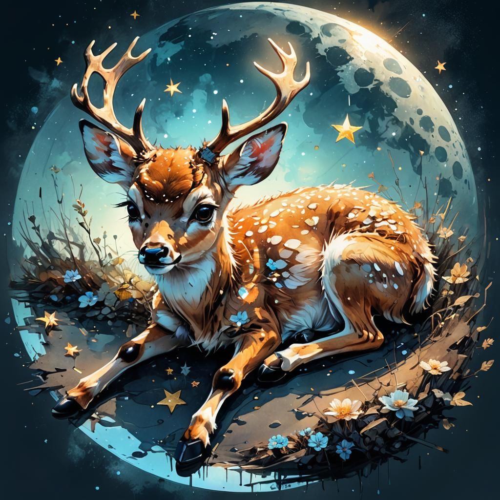 Cute Chibi Deer Under Moonlight: Digital Art