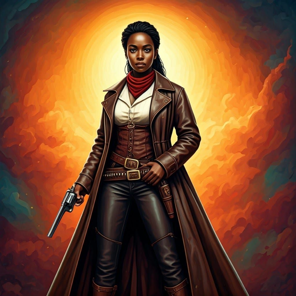 Black Female Gunslinger in Hyperrealistic Western Scene