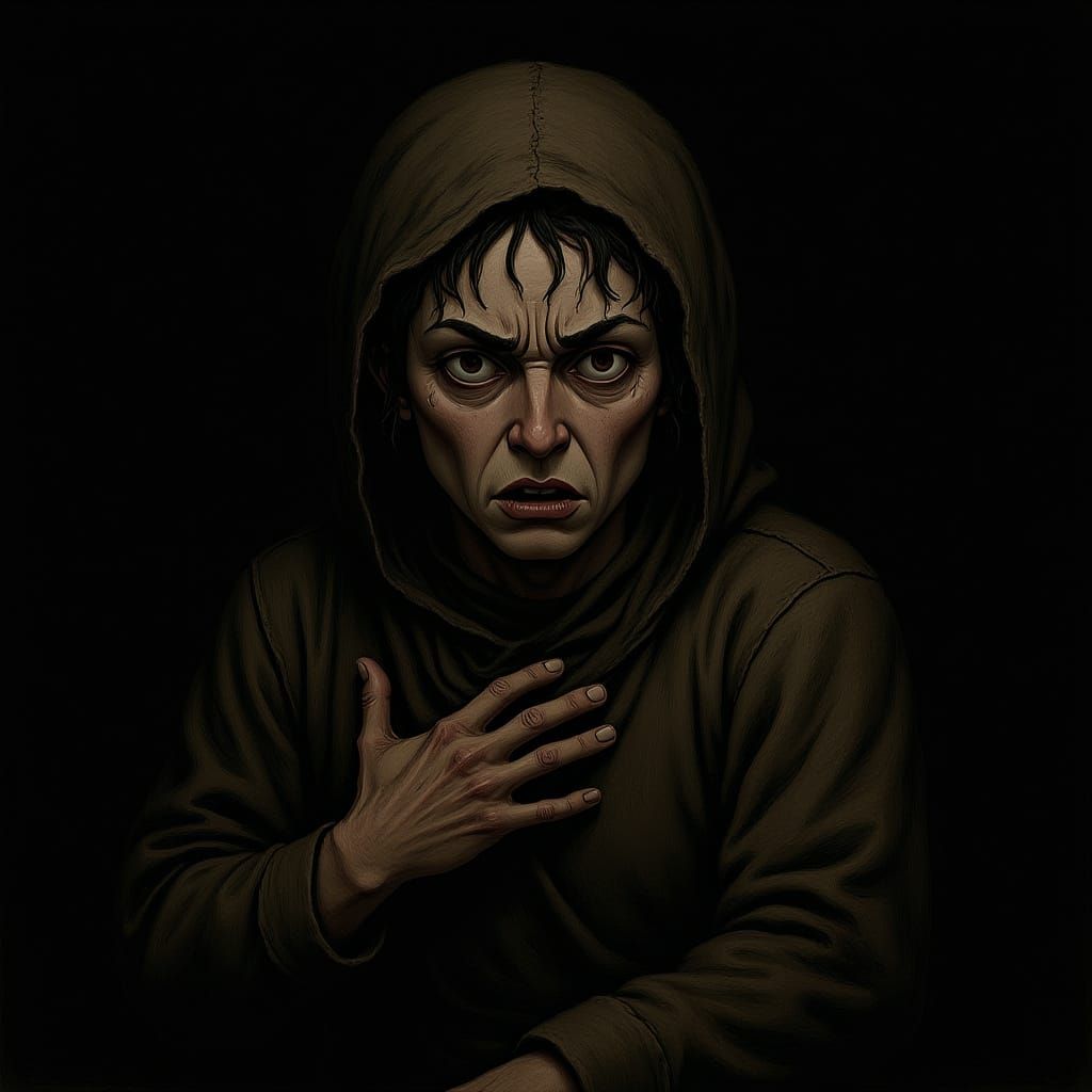 Tormented Figure in Shadows: Expressionist-Ghibli Fusion