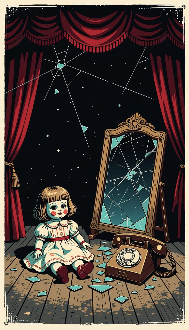 Haunted Theatre Stage with Doll in Manga Horror Style