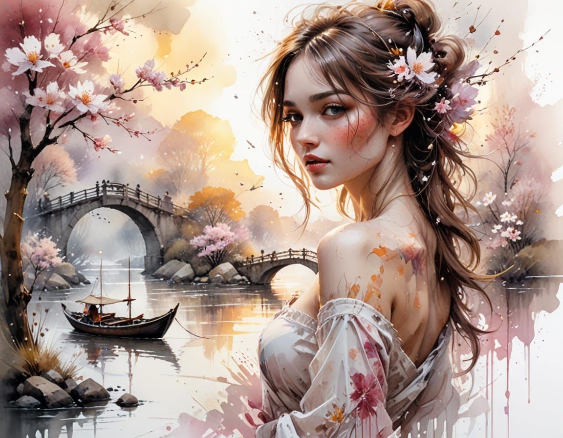 Spring Blossom Festival: Watercolour River Scene