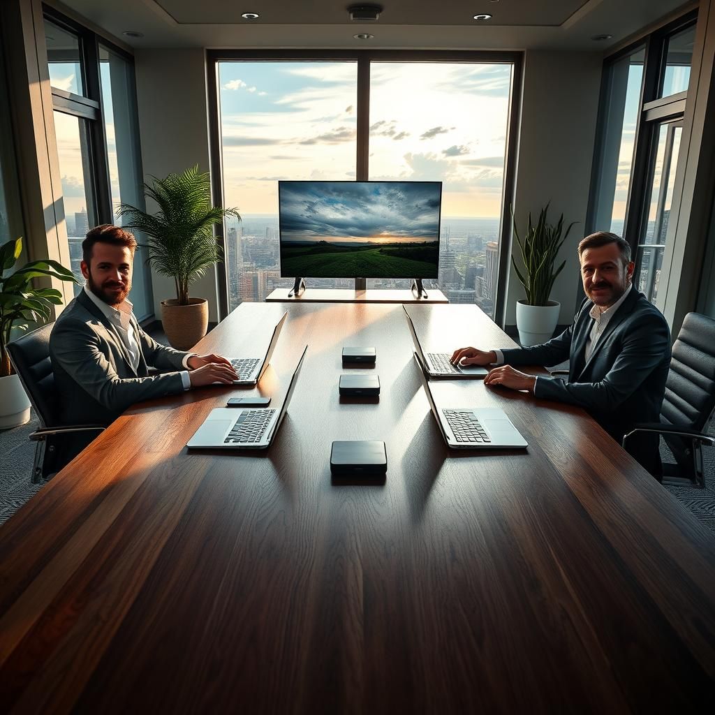 Men in Meeting Room with Evening Skyline in HDR