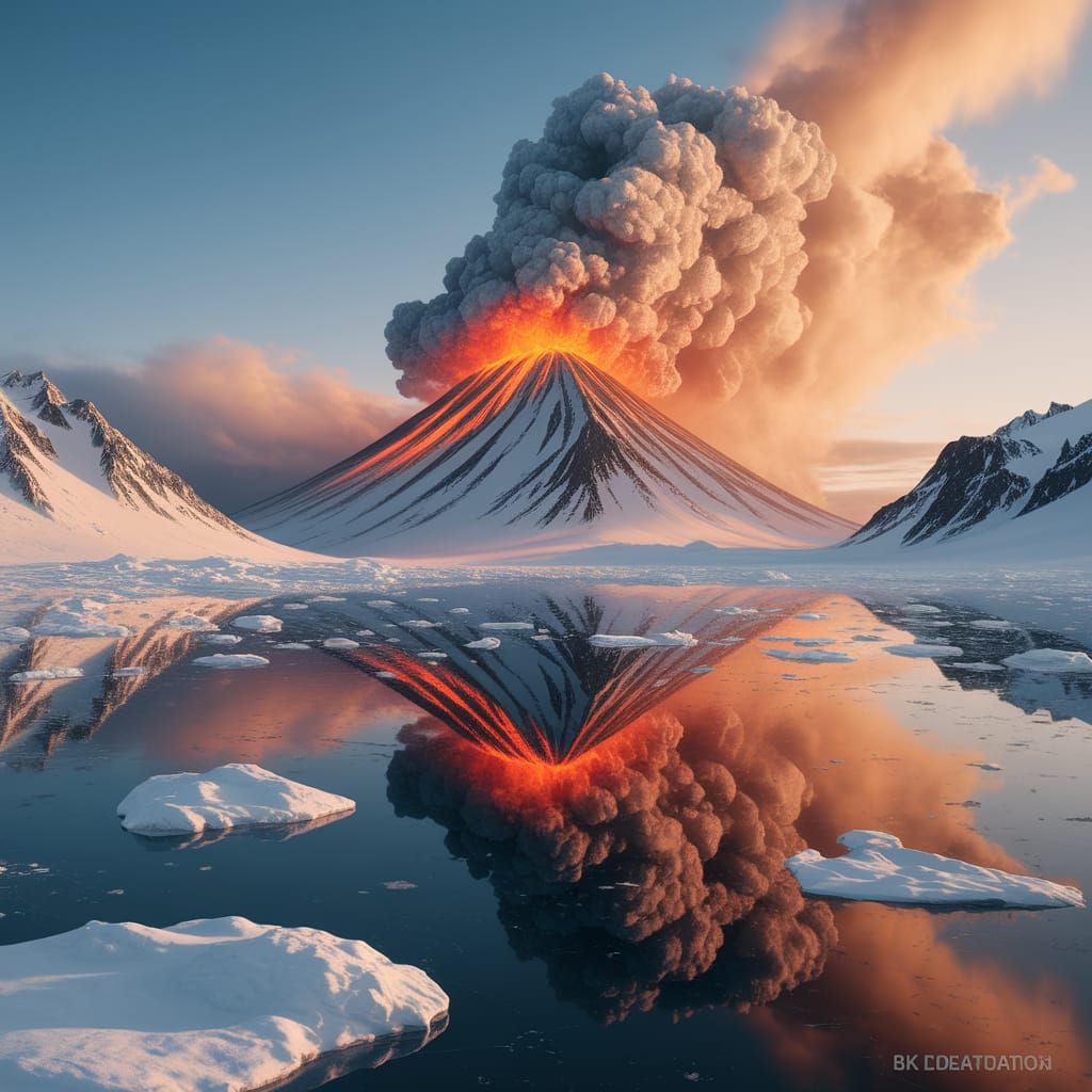 Arctic Landscape Contrasted with Fiery Volcanic Eruption