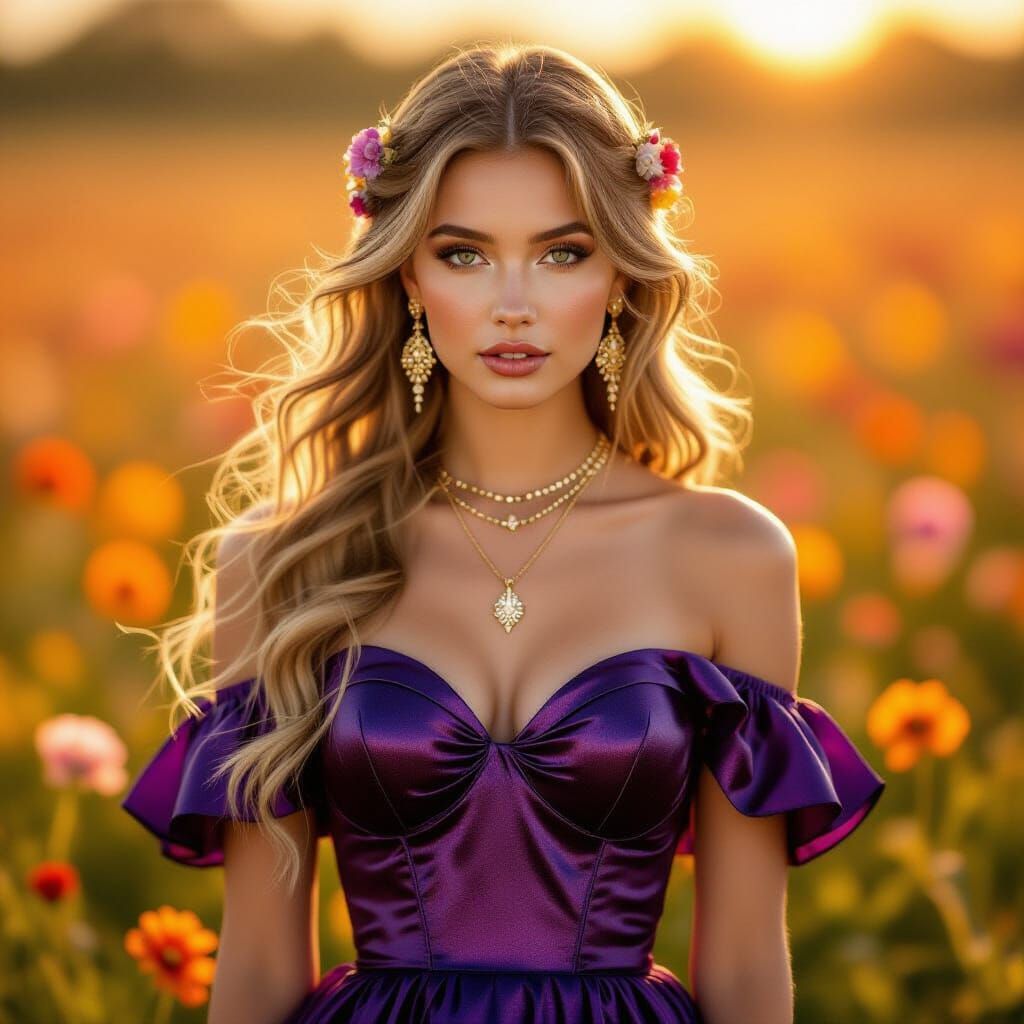 Blonde Woman in Purple Dress in Flower Field