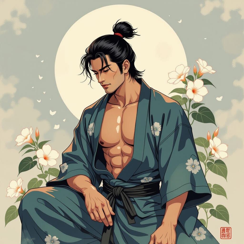Japanese Man Under Moonlight in Ukiyo-e Style
