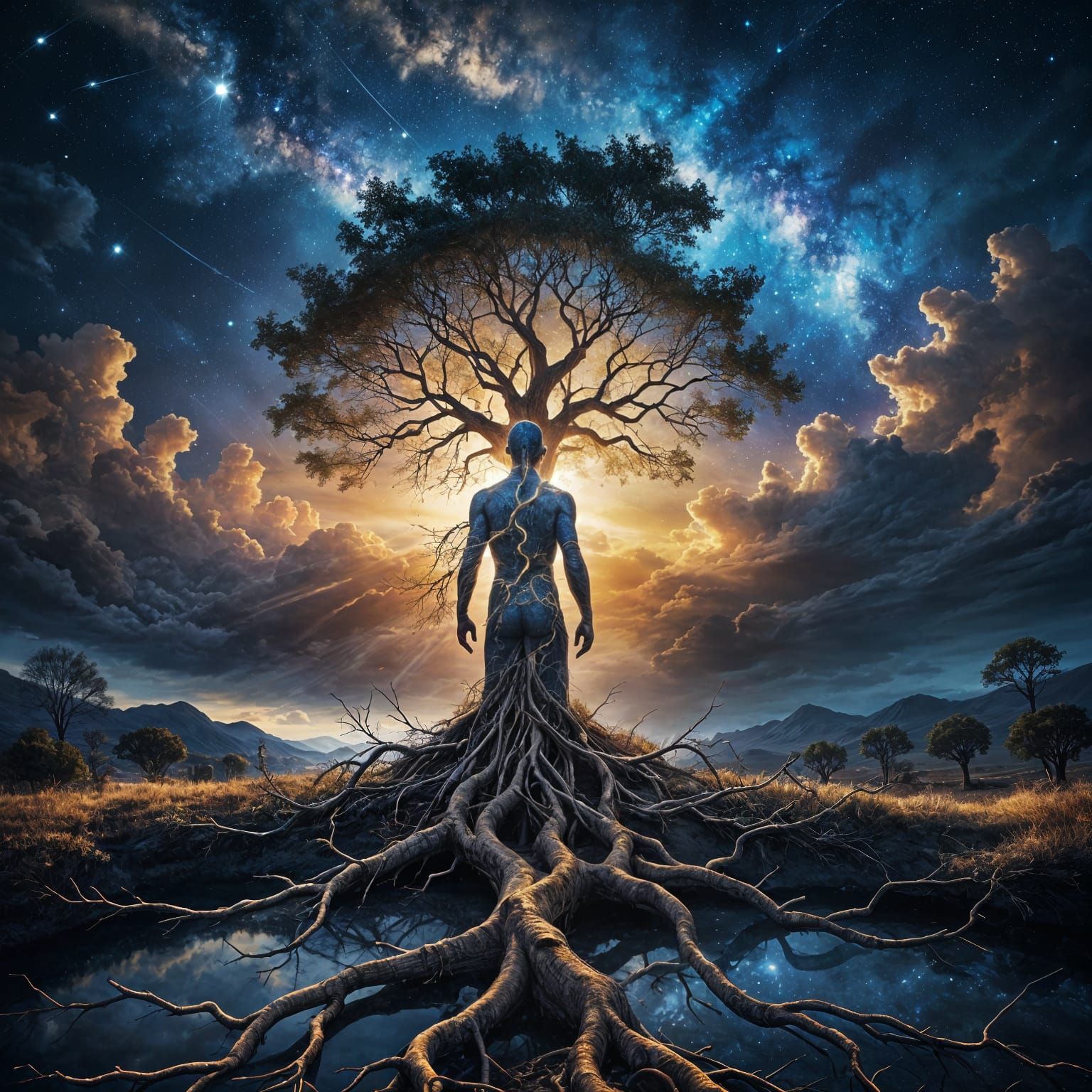Surreal Dreamscape with Luminous Tree in Radiant Light