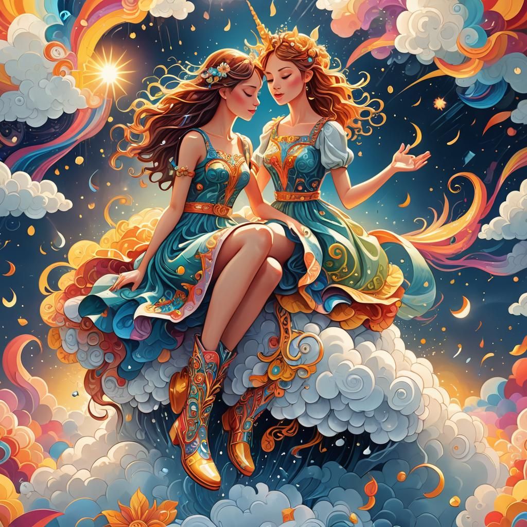 Girl and Unicorn in Dreamlike Abstract Illustration