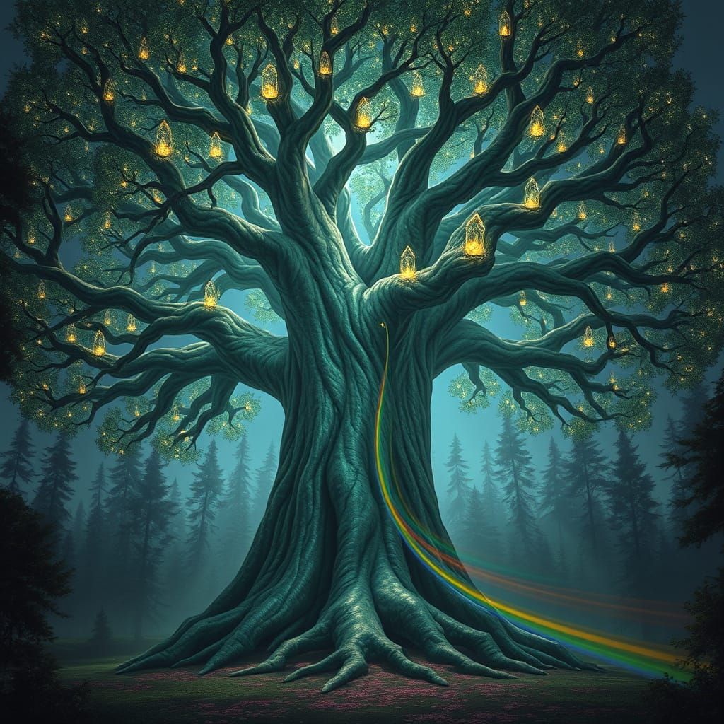 Fantasy Tree of Ancient Magic Stands Tall in Dark Forest