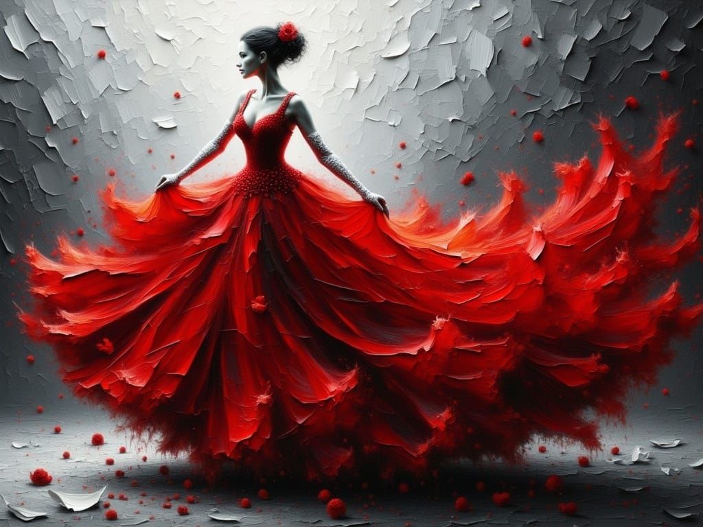 Impasto Ballerina in a Swirling Red Gown