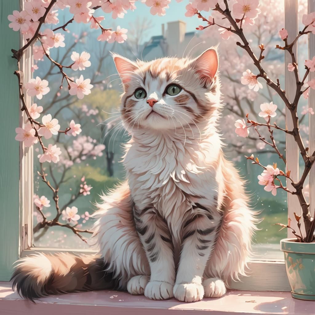 Anime Kitten Watching Cherry Blossoms