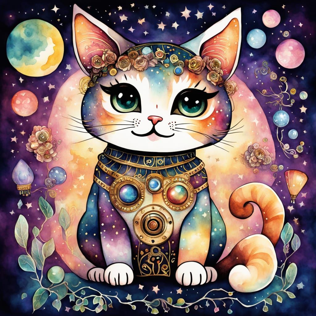 Cosmic Whimsy Chibi Feline in Vintage Storybook Style