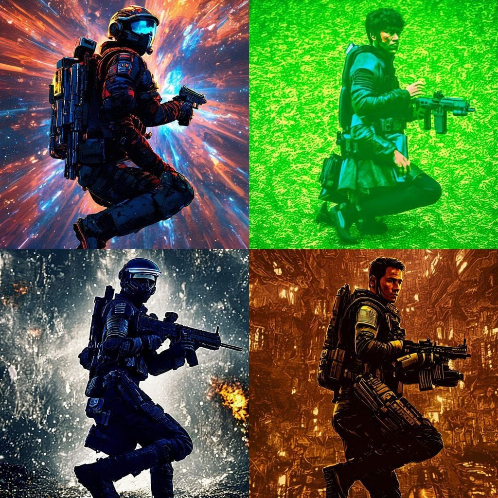 Sci-Fi Warrior in Bird Helmet with Submachine Gun