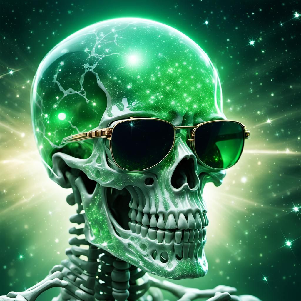 Crystal Skeleton Sculpture with Sunglasses in Dark Fantasy A...