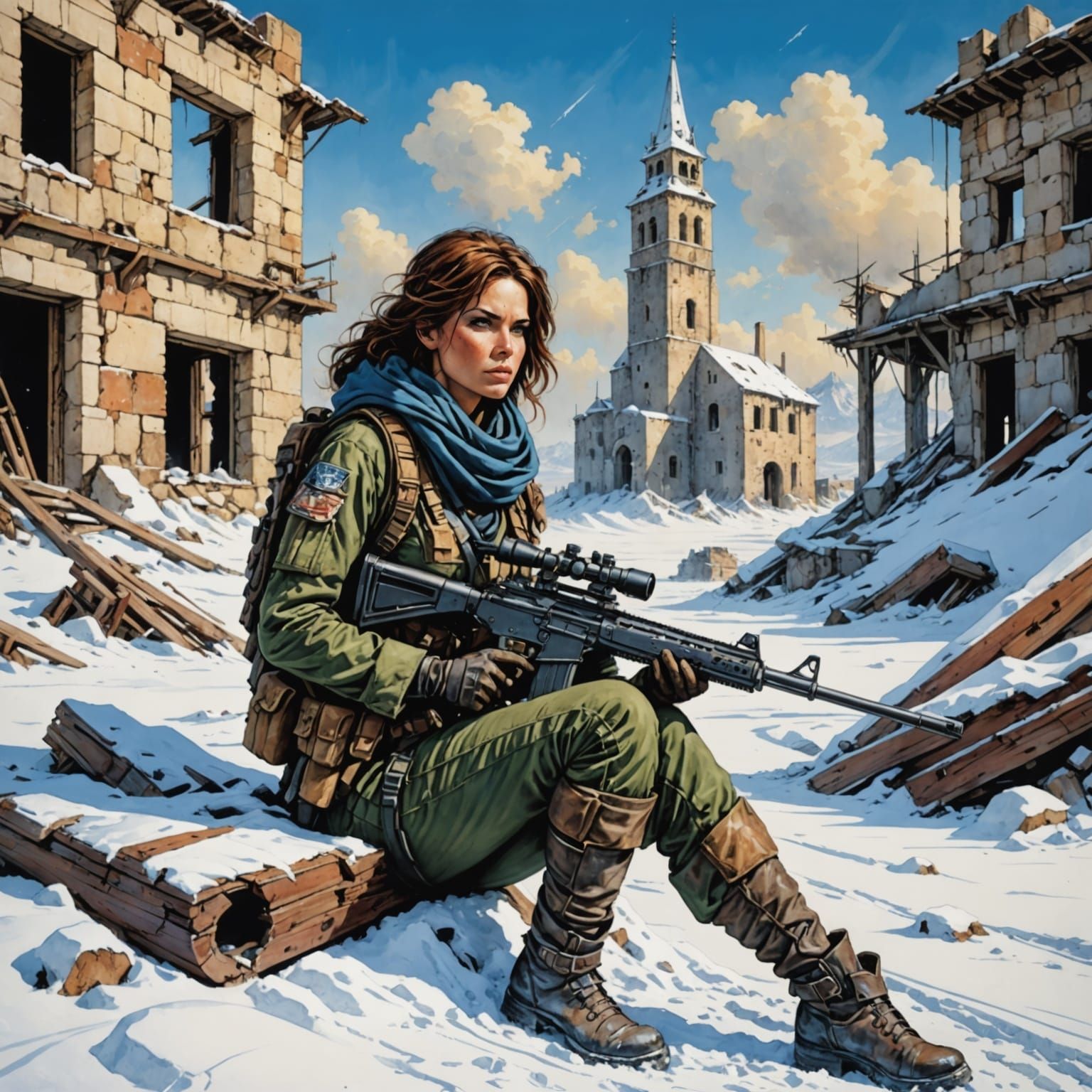 Warrior in Ruins, Post-Apocalyptic Snowscape