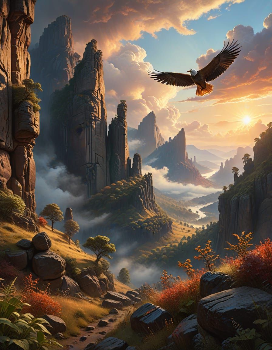 Majestic Sandstone Pillars Rise from the Valley in a Rembran...