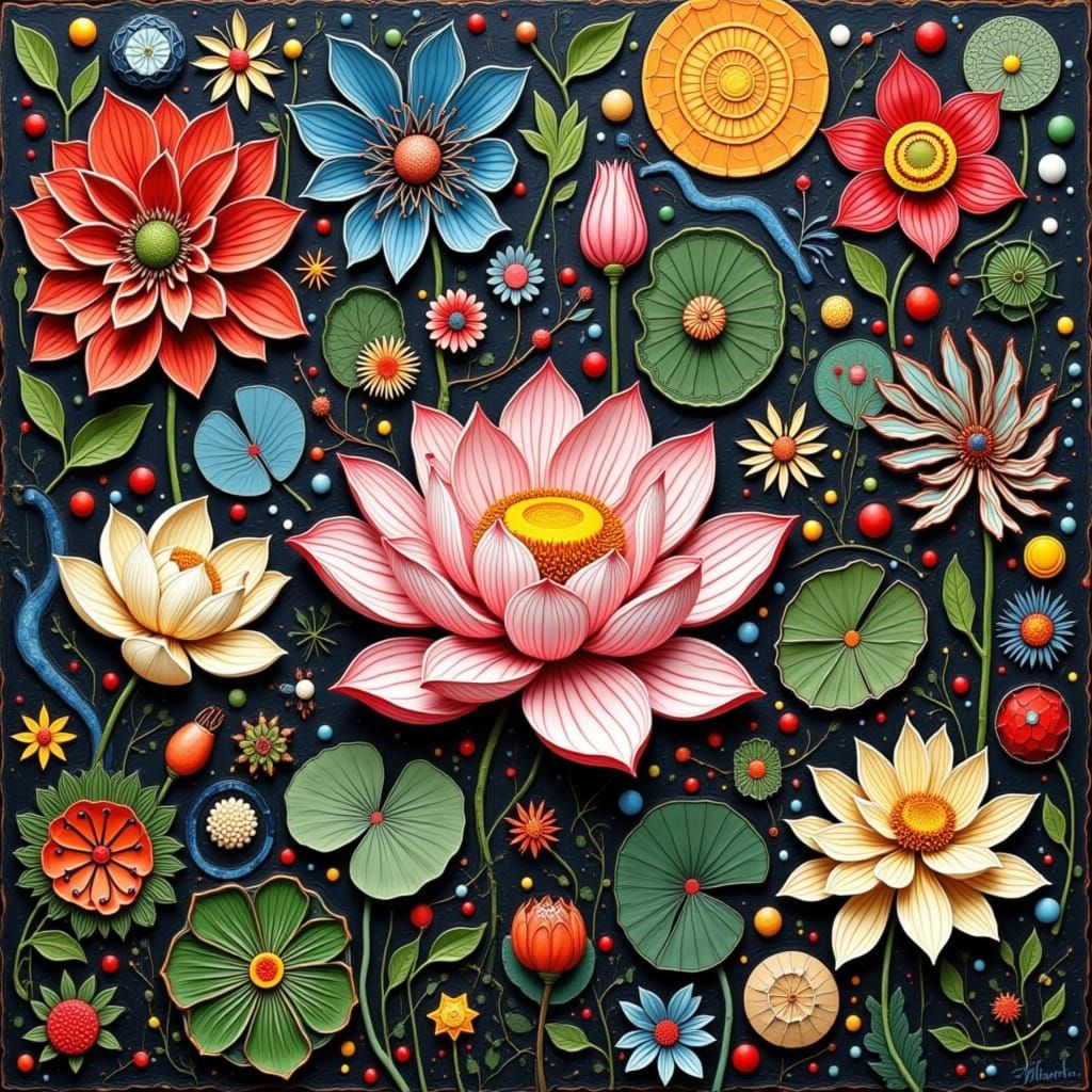 Vibrant Lotus Blooms in a Cyberpunk Gothic Landscape