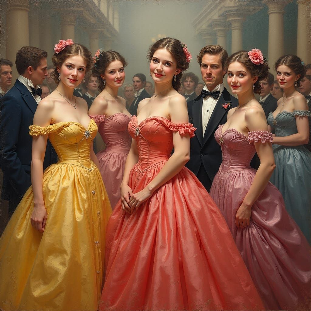 Victorian Debutantes at Their First Ball - Gouache Style