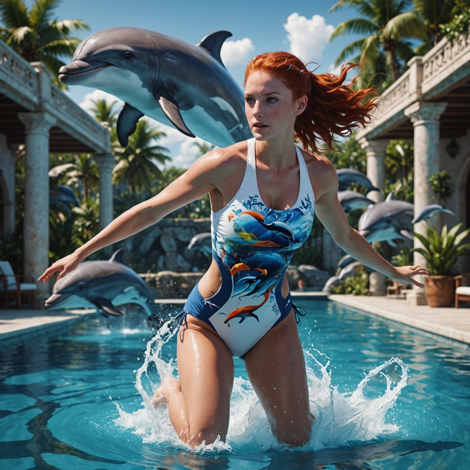 Woman in Dolphin Swimsuit Jumping into Pool