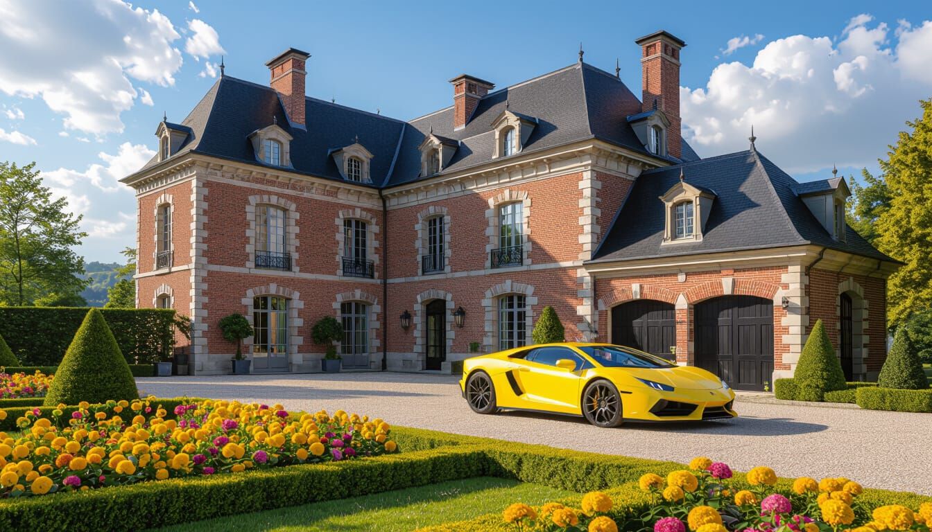 Grand Chateau With Yellow Supercar in Monet Style