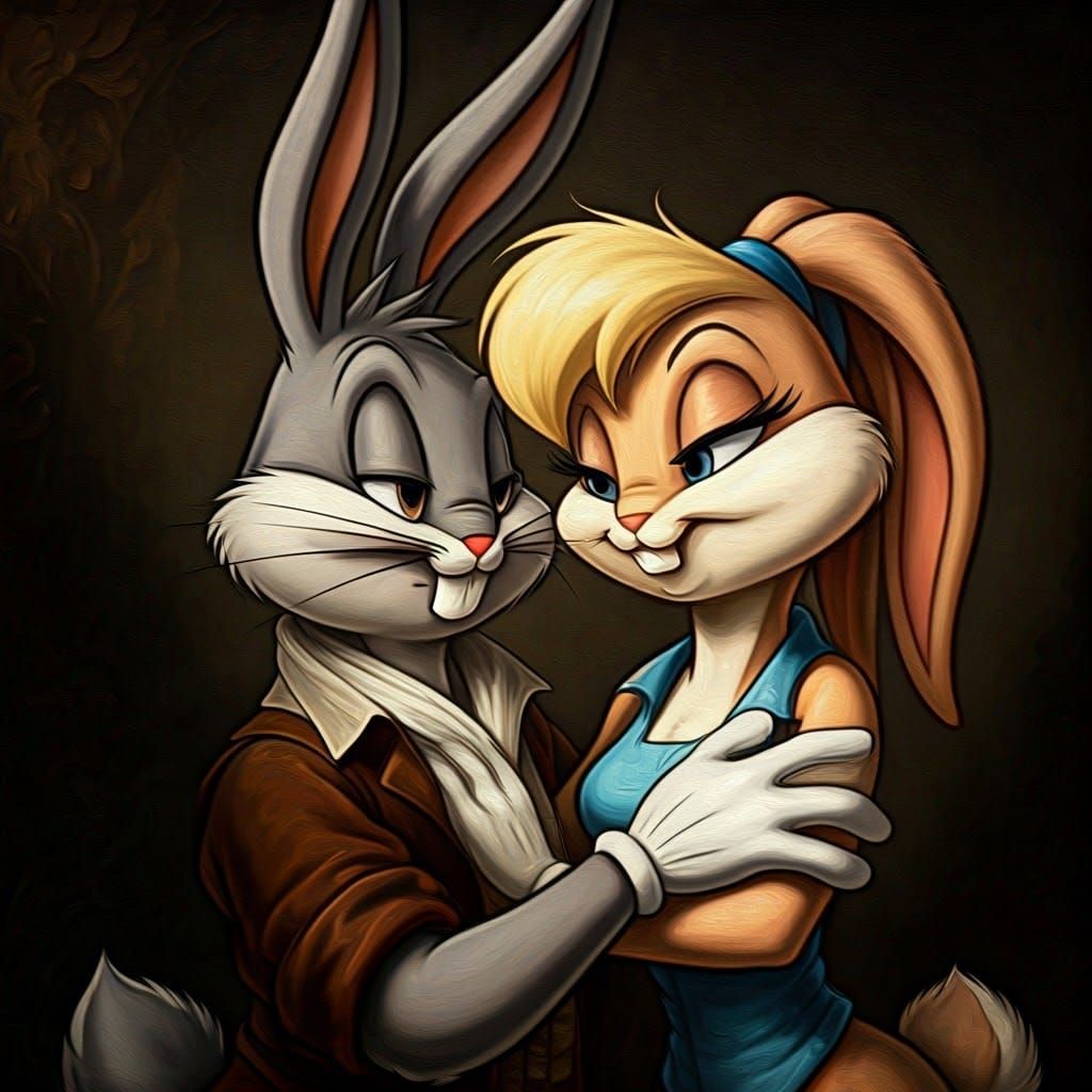 Whimsical Baroque Portrait of Bugs and Lola's Tender Moment