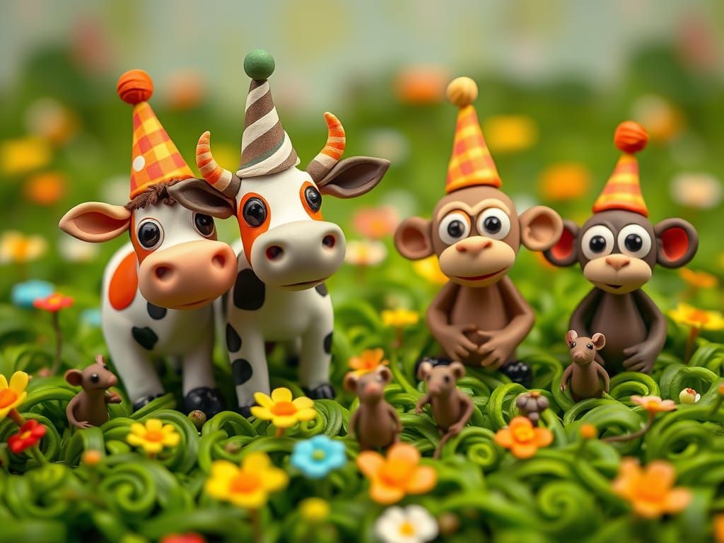 Whimsical Claymation Meadow with Party Animals
