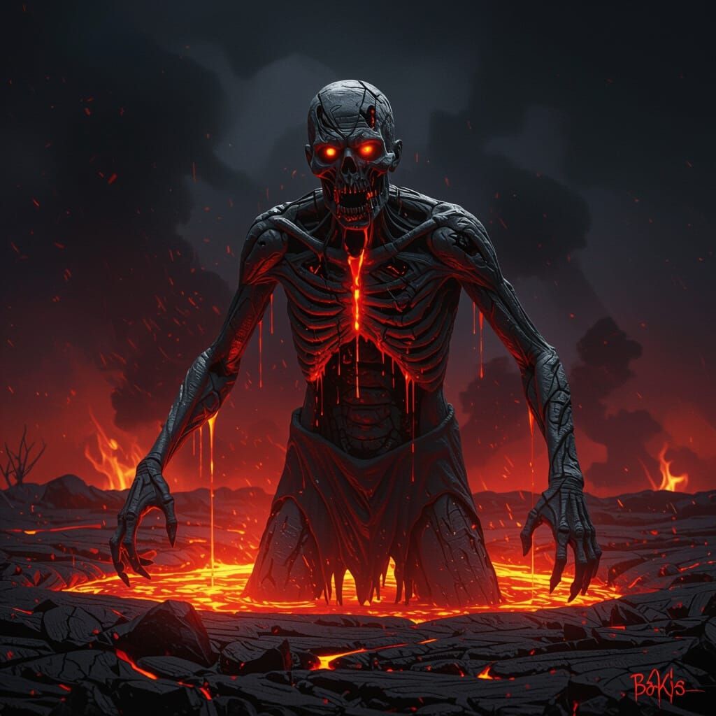 Ash Zombie Erupts From Lava in Hyperrealistic Style
