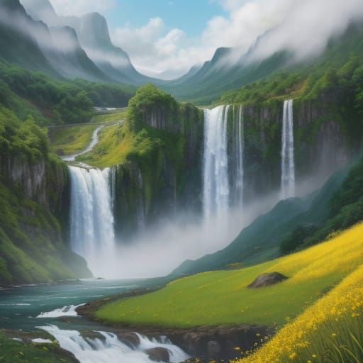Serene Landscape with Waterfalls in Oil Painting Style