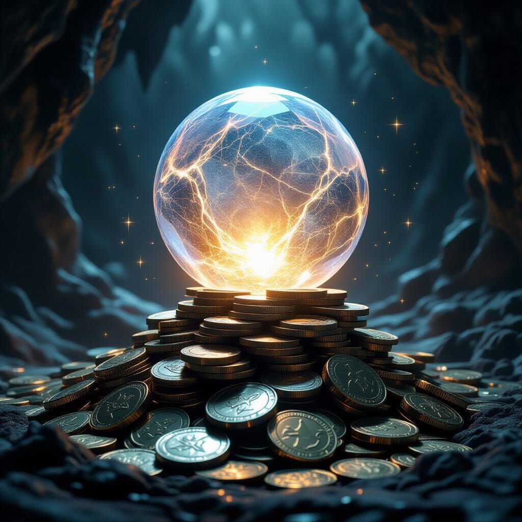 Mystical Crystal Orb on Ancient Coins in Dark Fantasy Style