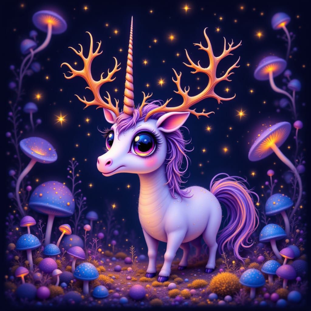 Enchanted Unicorn in Bioluminescent Mushroom Forest