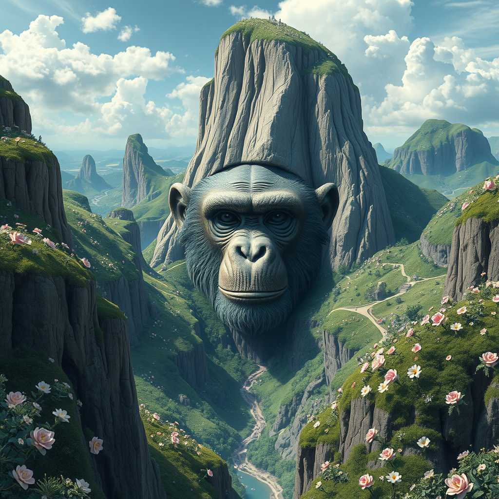 Monkey Face Cliff Carving in Surreal Landscape