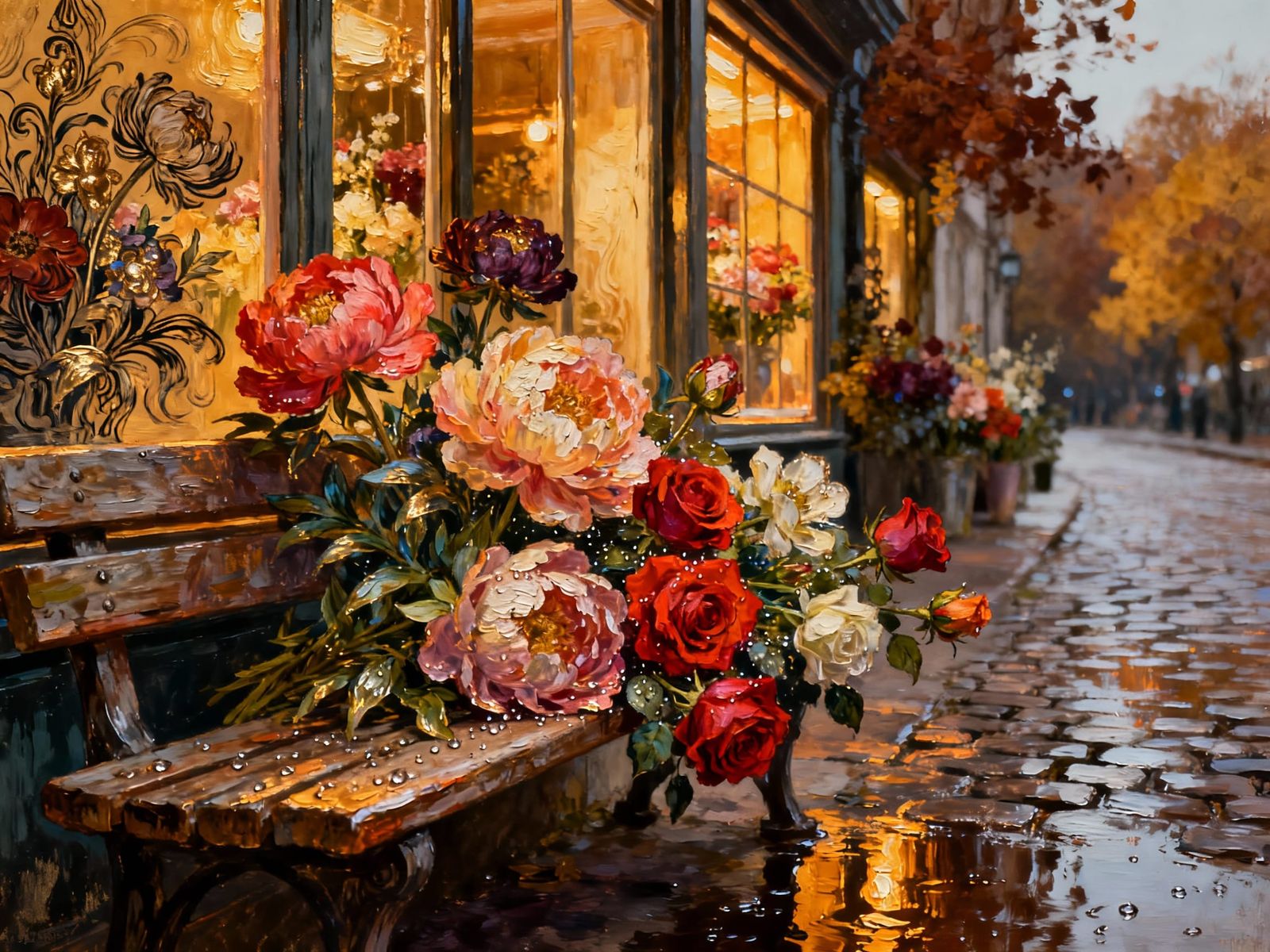 Vivid Flower Shop Scene with Golden Light Reflections