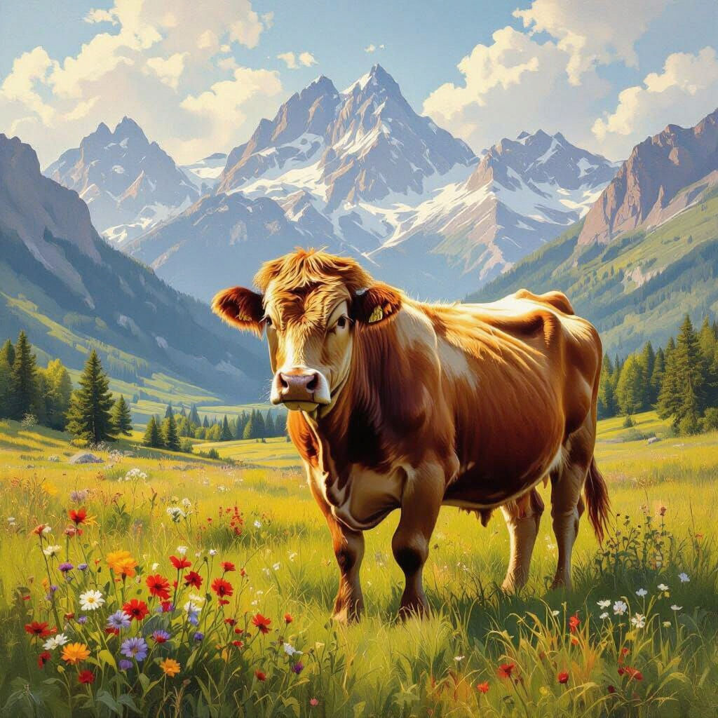 Limousin Cow in Mountain Pasture