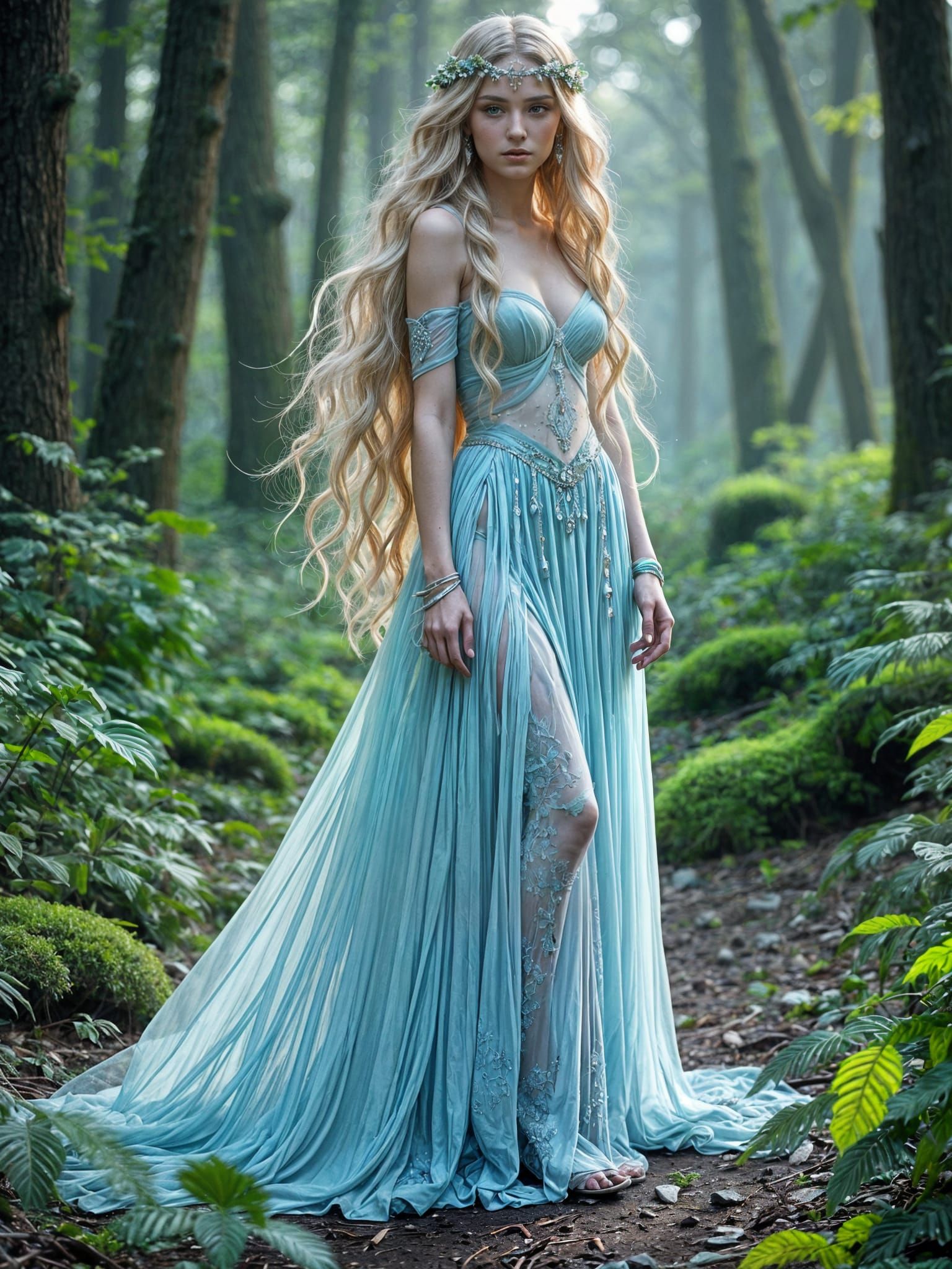 Elven Princess in Misty Forest, Flowing Gown