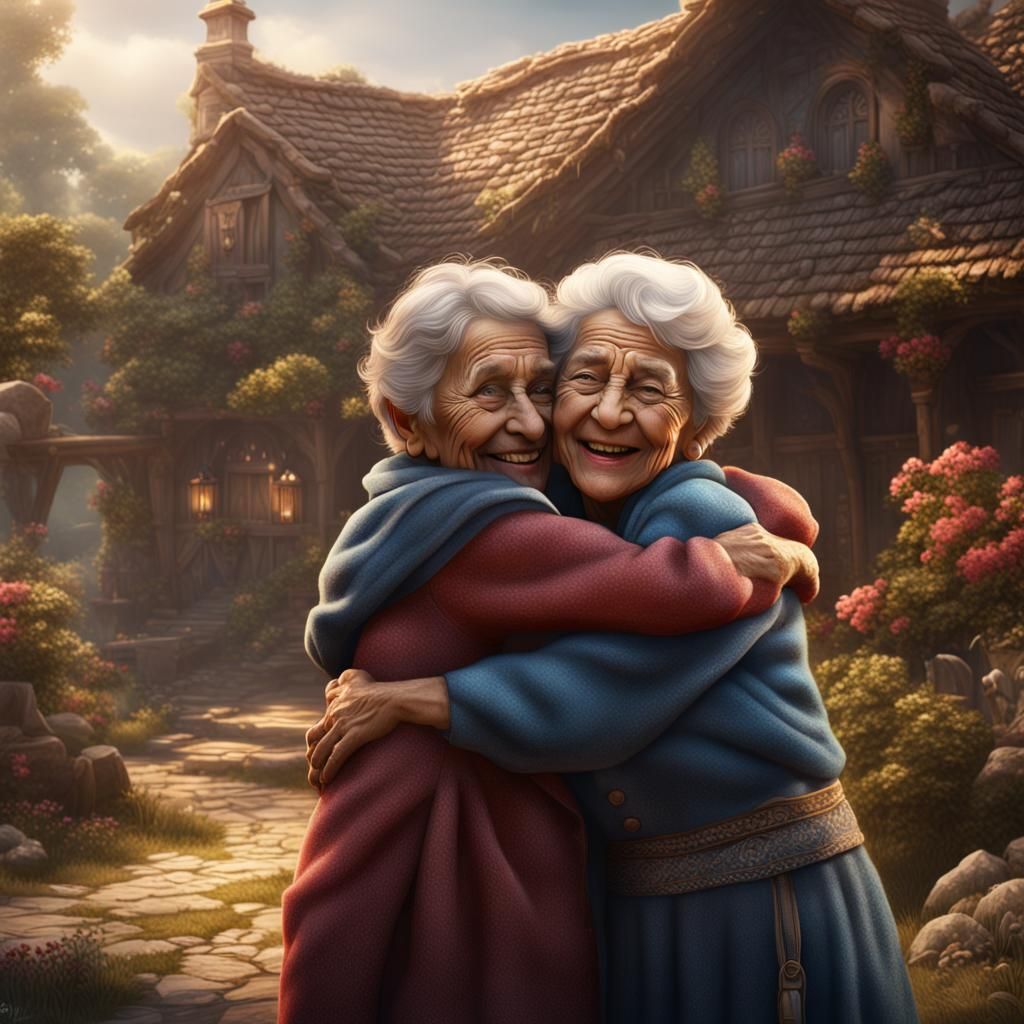 Grandmother and Child Hug: Detailed Fantasy Art
