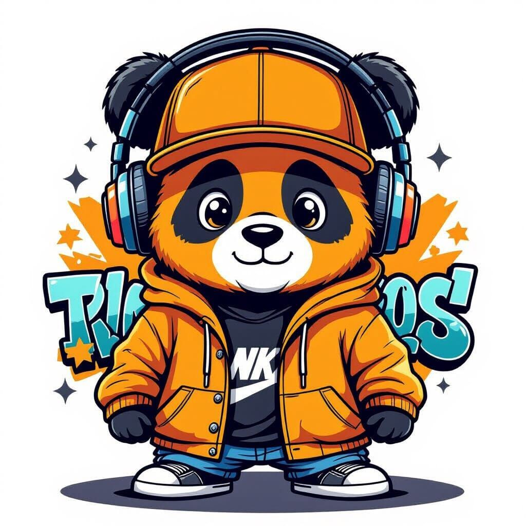 Orange Cartoon Panda in Streetwear, Vector Art Style