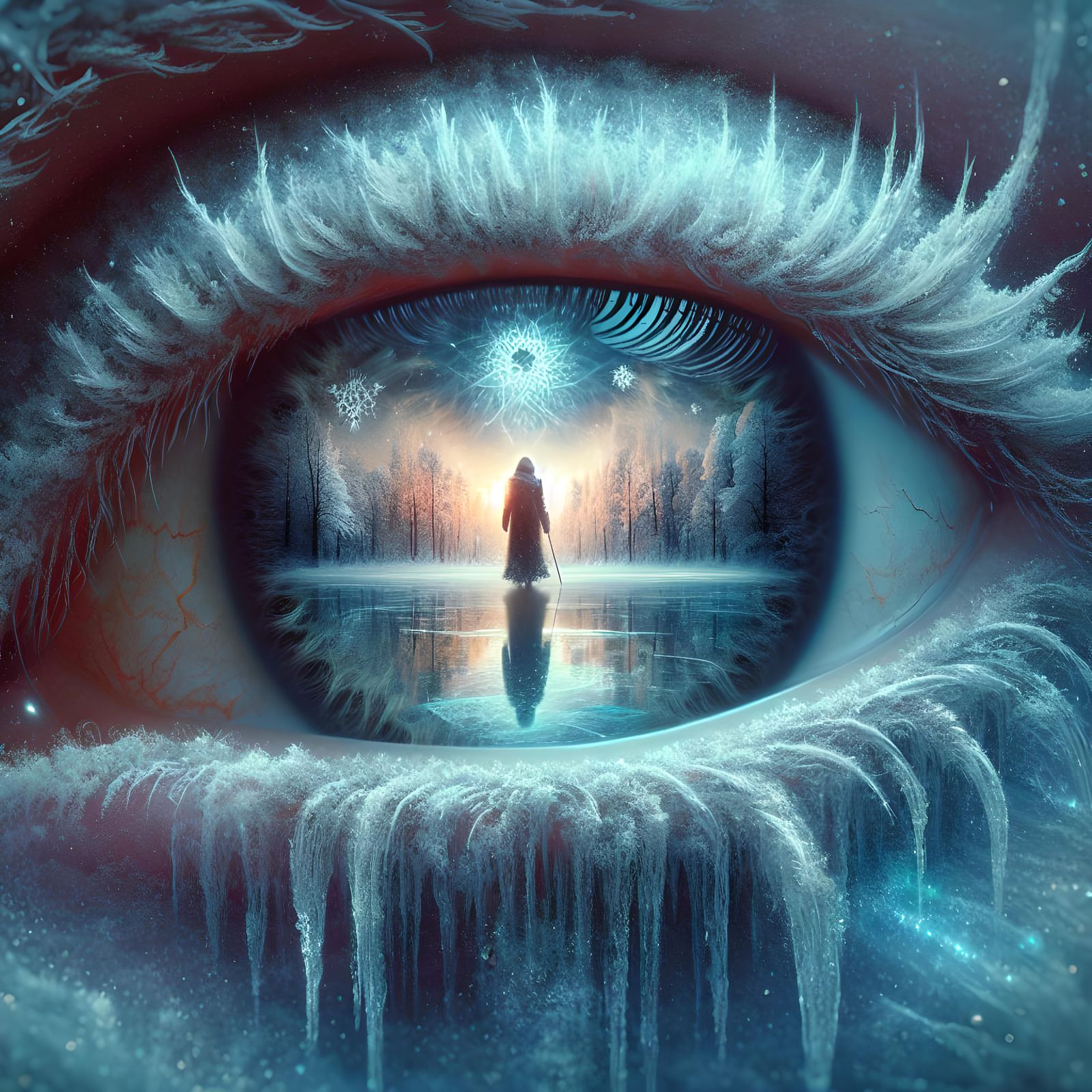 Eye with Double Exposure of Death on Frozen Lake